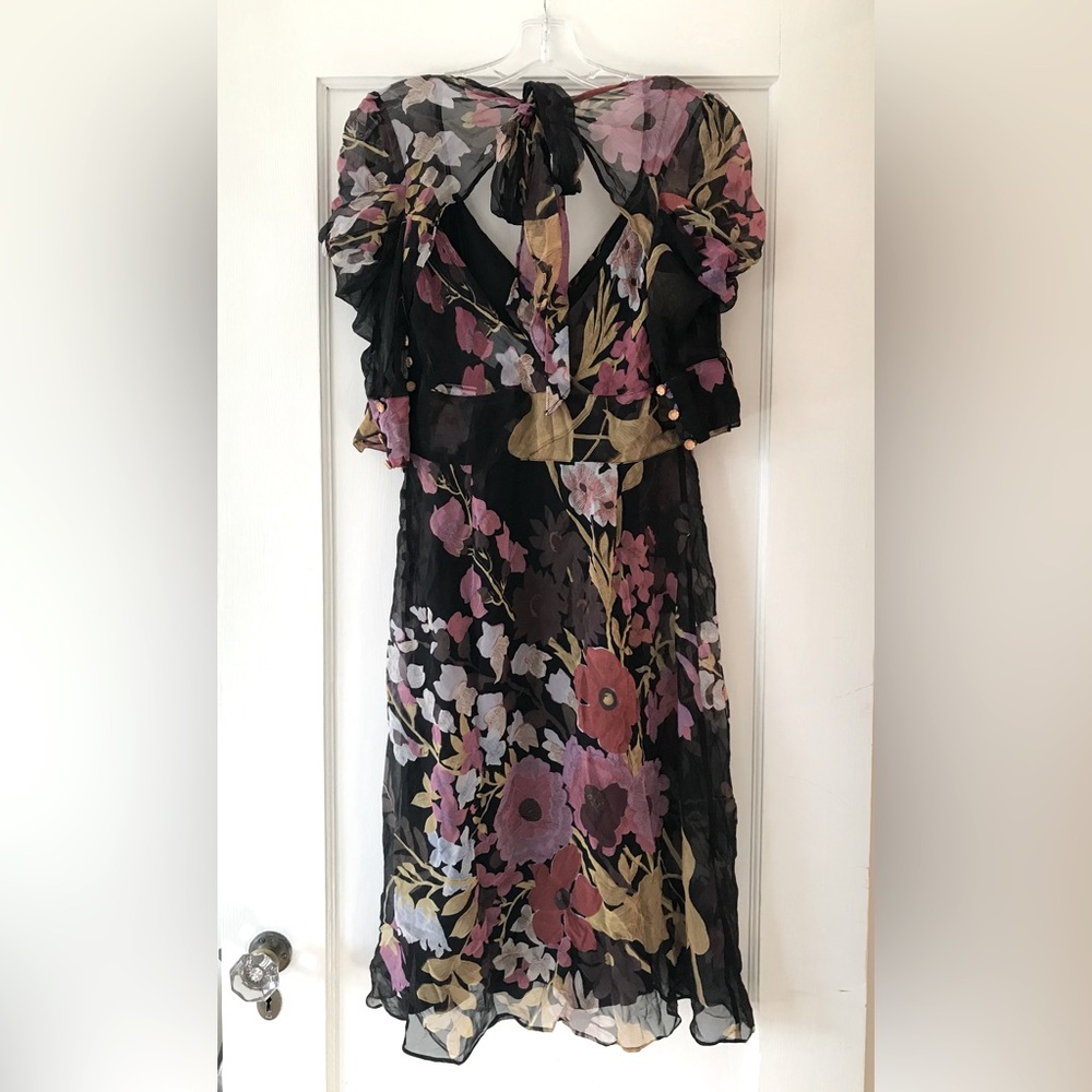 Tracy Reese | Black Botanical Floral Midi Dress 6 - Picture 4 of 10